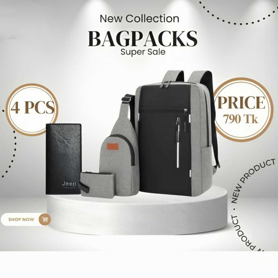 combo bag, 4 piece bag set,  backpack, school bag, college bag, travel bag, office bag, combo backpack, stylish bag set, men bag, women bag, trendy bags, affordable bag, premium quality bag
