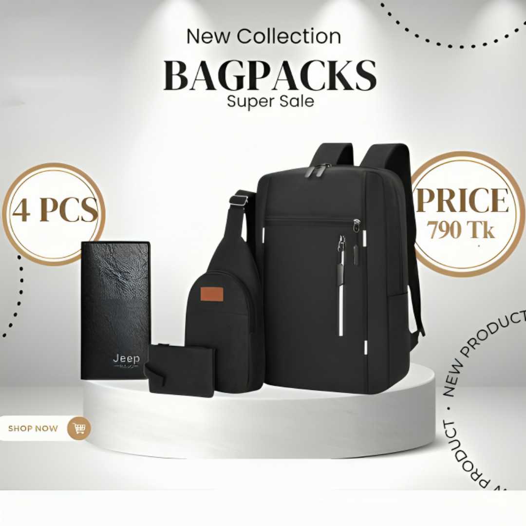 combo bag, 4 piece bag set,  backpack, school bag, college bag, travel bag, office bag, combo backpack, stylish bag set, men bag, women bag, trendy bags, affordable bag, premium quality bag
